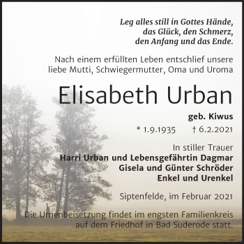 Traueranzeige von Elisabeth Urban von Mitteldeutsche Zeitung Quedlinburg