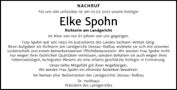 Traueranzeige von Elke Spohn von Mitteldeutsche Zeitung Dessau-Roßlau