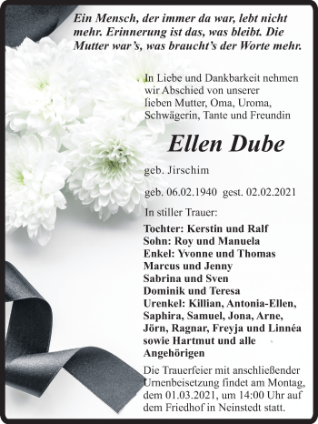 Traueranzeige von Ellen Dube von Super Sonntag Quedlinburg