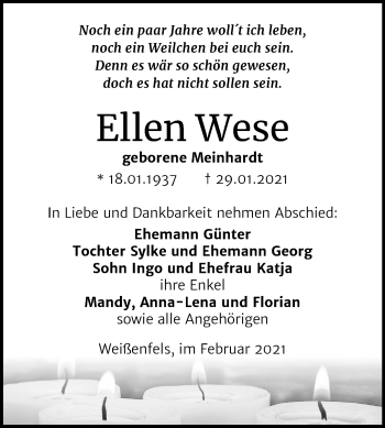 Traueranzeige von Ellen Wese von Super Sonntag Weißenfels