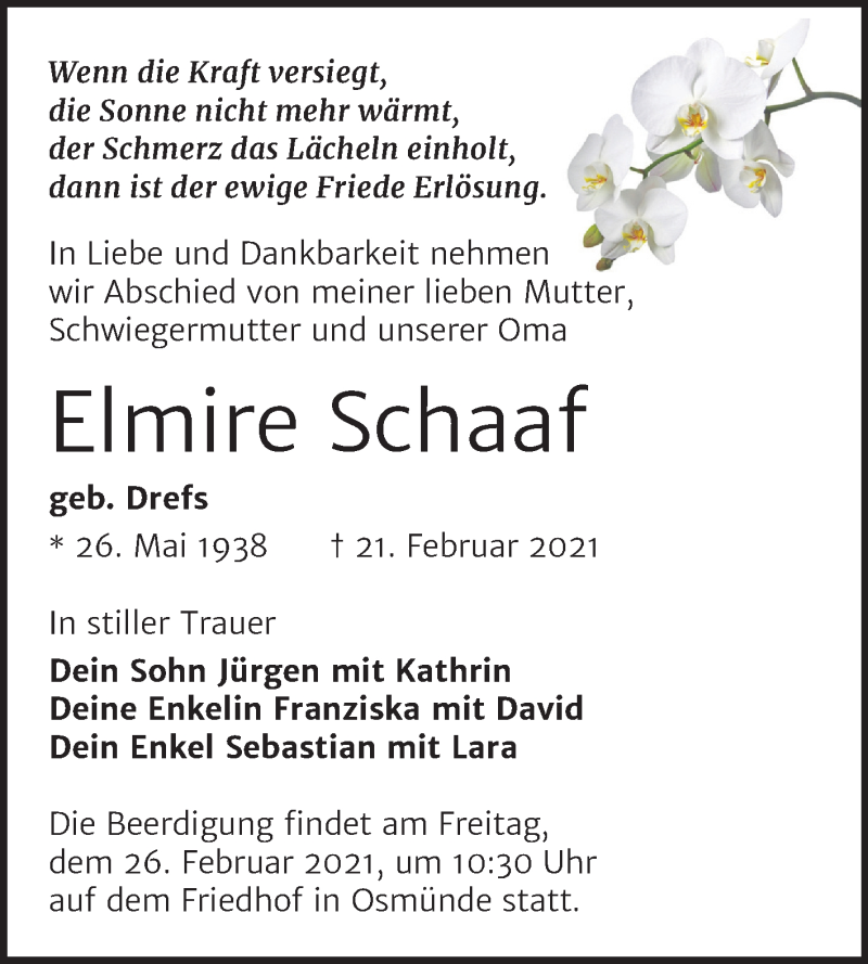  Traueranzeige für Elmire Schaaf vom 24.02.2021 aus Mitteldeutsche Zeitung Halle/Saalkreis
