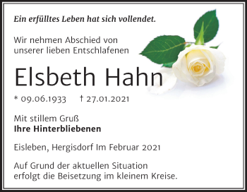 Traueranzeige von Elsbeth Hahn von Mitteldeutsche Zeitung Mansfelder Land