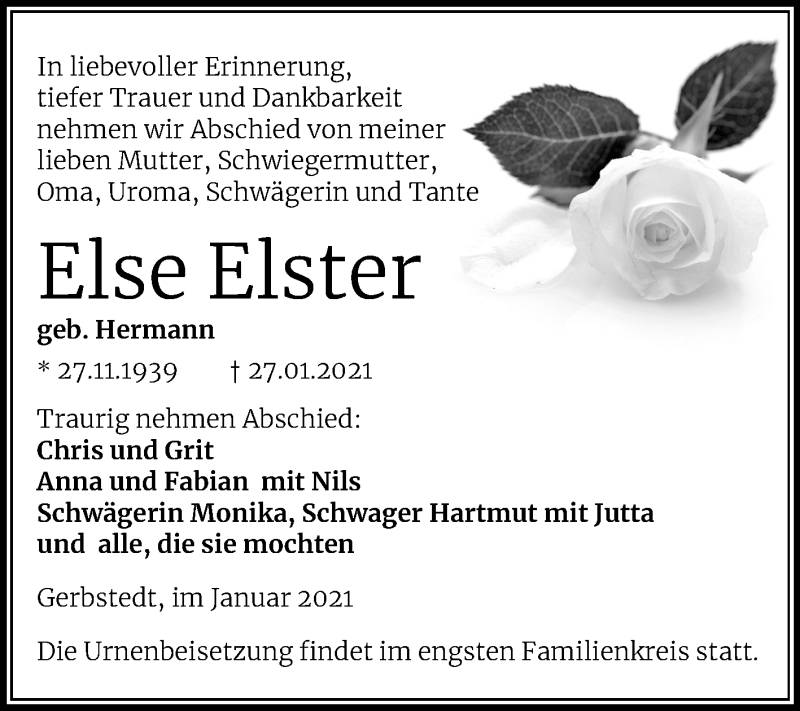  Traueranzeige für Else Elster vom 06.02.2021 aus Super Sonntag Mansfelder Land