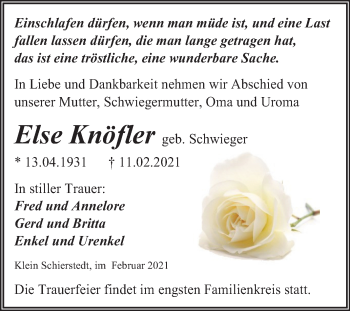 Traueranzeige von Else Knöfler von Mitteldeutsche Zeitung Aschersleben