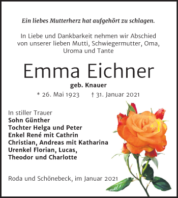 Traueranzeige von Emma Eichner von Super Sonntag Zeitz