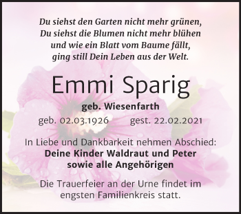 Traueranzeige von Emmi Sparig von Mitteldeutsche Zeitung Wittenberg