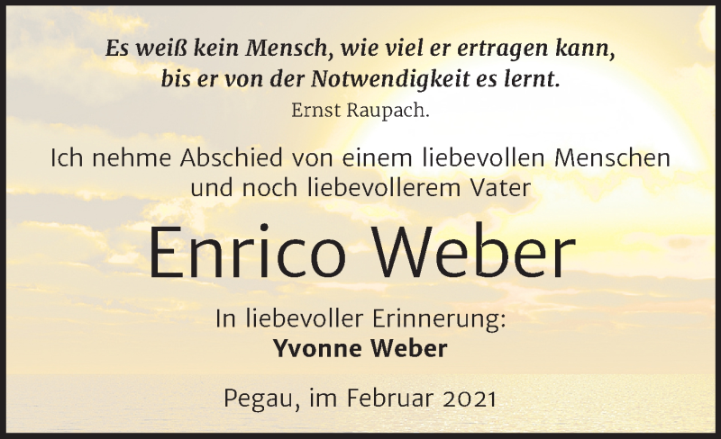  Traueranzeige für Enrico Weber vom 27.02.2021 aus Mitteldeutsche Zeitung Halle/Saalkreis