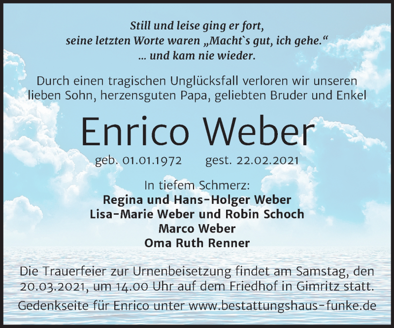  Traueranzeige für Enrico Weber vom 27.02.2021 aus Mitteldeutsche Zeitung Halle/Saalkreis