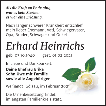 Traueranzeige von Erhard Heinrichs von Mitteldeutsche Zeitung Köthen