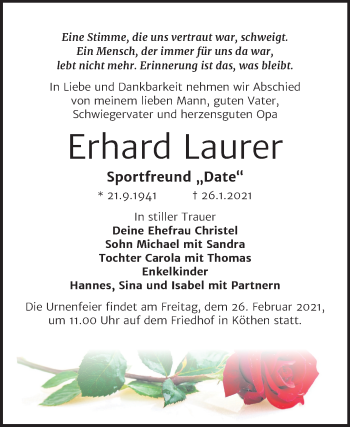 Traueranzeige von Erhard Laurer von Super Sonntag Köthen