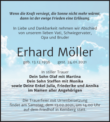 Traueranzeige von Erhard Möller von Super Sonntag Wittenberg