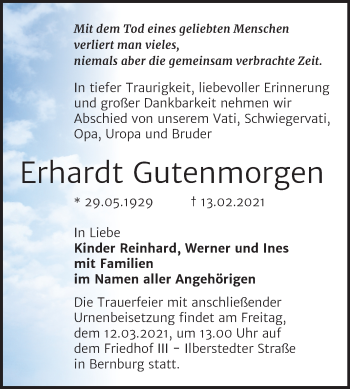 Traueranzeige von Erhardt Gutenmorgen von Mitteldeutsche Zeitung Bernburg