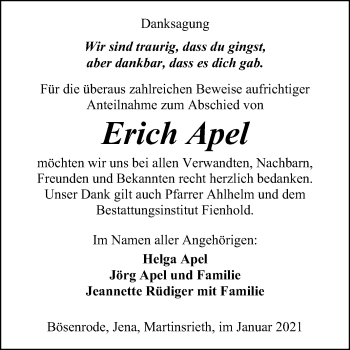 Traueranzeige von Erich Apel von Super Sonntag Sangerhausen