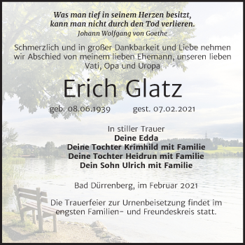 Traueranzeige von Erich Glatz von Mitteldeutsche Zeitung Merseburg/Querfurt
