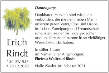 Traueranzeige von Erich Rindt von Mitteldeutsche Zeitung Halle/Saalkreis