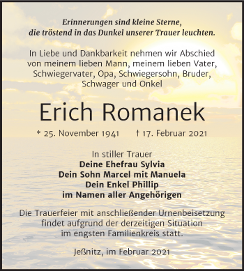 Traueranzeige von Erich Romanek von Mitteldeutsche Zeitung Bitterfeld