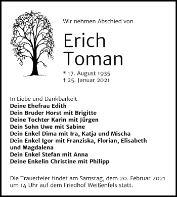 Traueranzeige von Erich Toman von Super Sonntag Weißenfels
