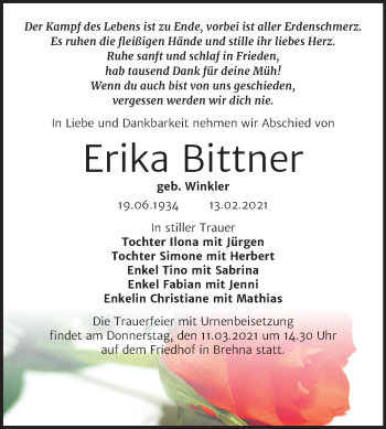 Traueranzeige von Erika Bittner von Mitteldeutsche Zeitung Bitterfeld