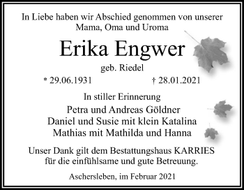 Traueranzeige von Erika Engwer von Mitteldeutsche Zeitung Aschersleben