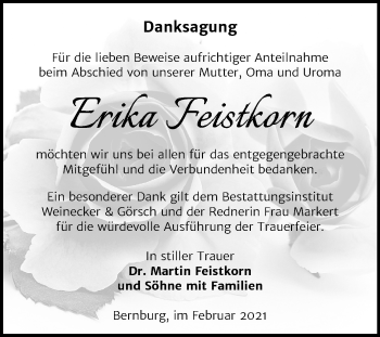 Traueranzeige von Erika Feistkorn von Super Sonntag Bernburg