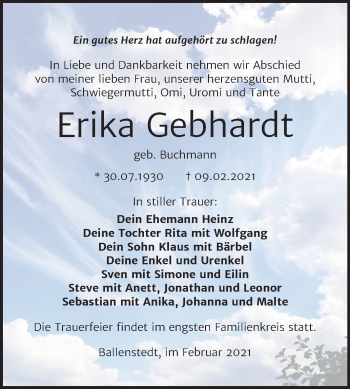 Traueranzeige von Erika Gebhardt von Super Sonntag Quedlinburg