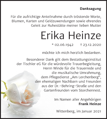 Traueranzeige von Erika Heinze von Mitteldeutsche Zeitung Wittenberg