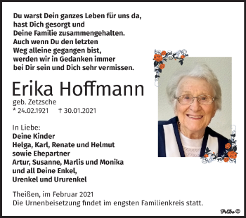 Traueranzeige von Erika Hoffmann von Super Sonntag Zeitz