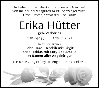Traueranzeige von Erika Hütter von Mitteldeutsche Zeitung Bernburg