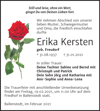 Traueranzeige von Erika Kernten von Mitteldeutsche Zeitung Quedlinburg