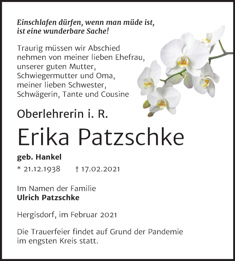  Traueranzeige für Erika Patzschke vom 23.02.2021 aus Mitteldeutsche Zeitung Mansfelder Land