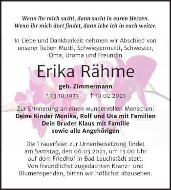 Traueranzeige von Erika Rähme von Super Sonntag Merseburg/Querfurt