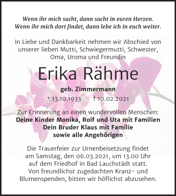 Traueranzeige von Erika Rähme von Mitteldeutsche Zeitung Merseburg/Querfurt