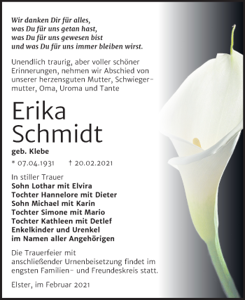 Traueranzeige von Erika Schmidt von Mitteldeutsche Zeitung Wittenberg