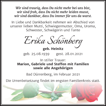 Traueranzeige von Erika Schönberg von Mitteldeutsche Zeitung Merseburg/Querfurt