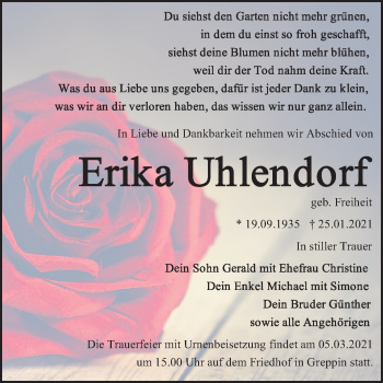 Traueranzeige von Erika Uhlendorf von Mitteldeutsche Zeitung Bitterfeld