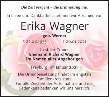 Traueranzeige von Erika Wagner von Super Sonntag Naumburg/Nebra