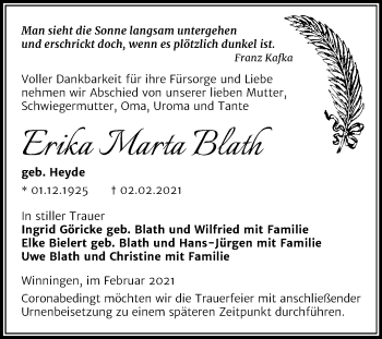 Traueranzeige von Erika Marta Blath von Mitteldeutsche Zeitung Aschersleben