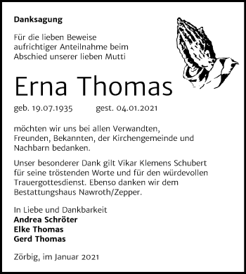 Traueranzeige von Erna Thomas von Mitteldeutsche Zeitung Bitterfeld