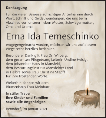 Traueranzeige von Erna Ida Temeschinko von Super Sonntag Mansfelder Land