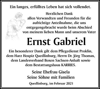 Traueranzeige von Ernst Gabriel von Super Sonntag Quedlinburg