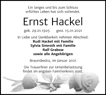 Traueranzeige von Ernst Hackel von Mitteldeutsche Zeitung Merseburg/Querfurt