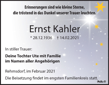 Traueranzeige von Ernst Kahler von Super Sonntag Zeitz