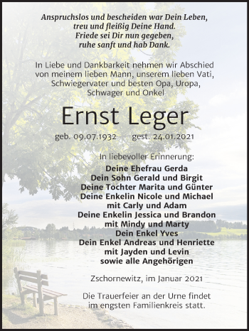 Traueranzeige von Ernst Leger von Super Sonntag Wittenberg