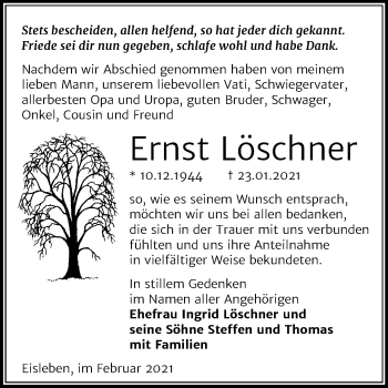 Traueranzeige von Ernst Löschner von Super Sonntag Mansfelder Land