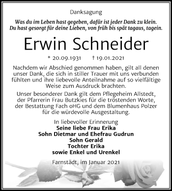Traueranzeige von Erwin Schneider von Mitteldeutsche Zeitung Merseburg/Querfurt