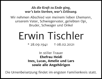Traueranzeige von Erwin Tischler von Mitteldeutsche Zeitung Bernburg