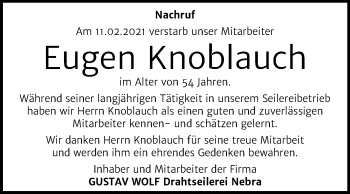 Traueranzeige von Eugen Knoblauch von Mitteldeutsche Zeitung Naumburg/Nebra