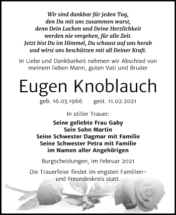 Traueranzeige von Eugen Knoblauch von Mitteldeutsche Zeitung Naumburg/Nebra