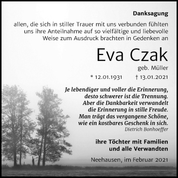 Traueranzeige von Eva Czak von Super Sonntag Mansfelder Land