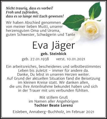 Traueranzeige von Eva Jäger von Mitteldeutsche Zeitung Mansfelder Land